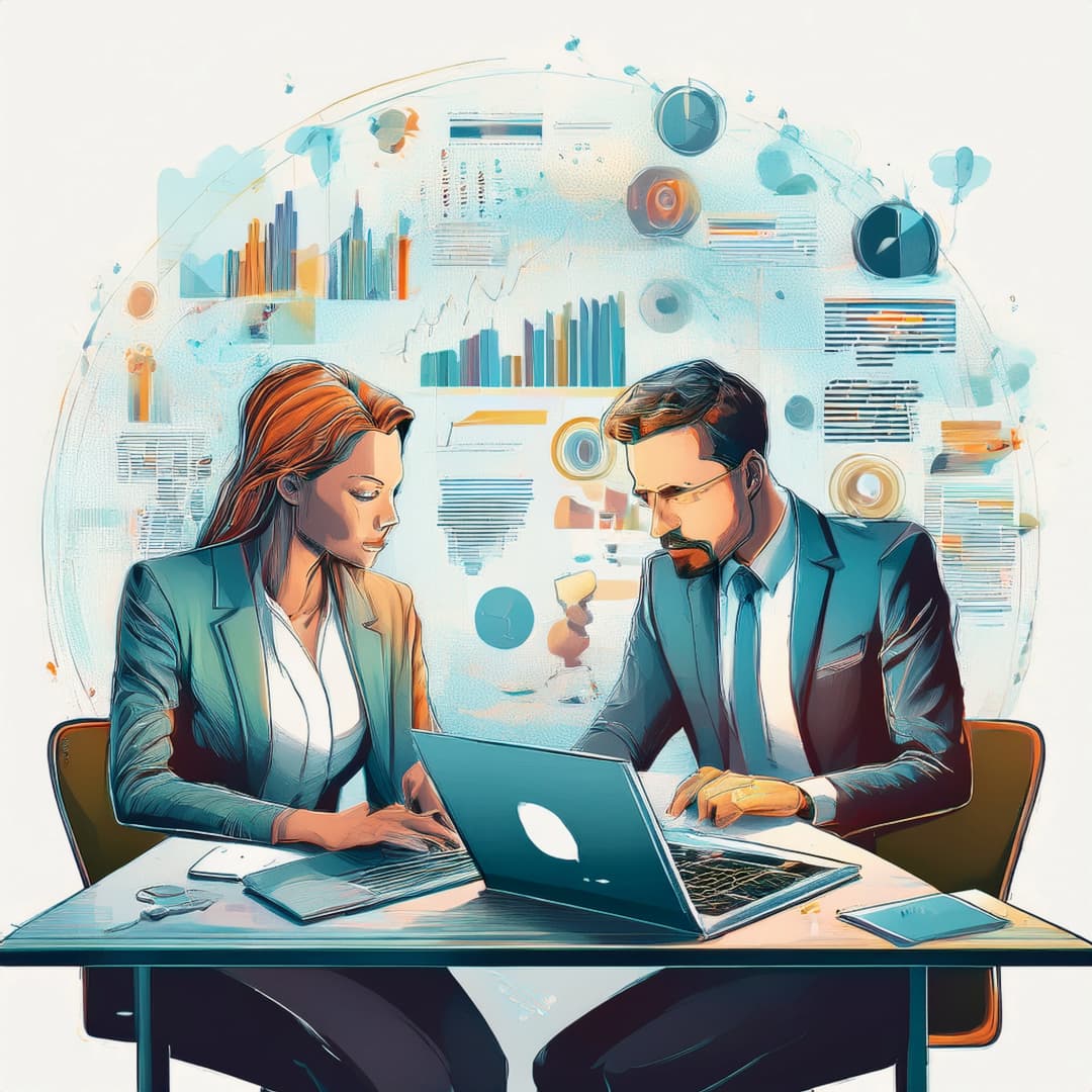 Illustration of two business-people sitting at a table surrounded by digital learning tools